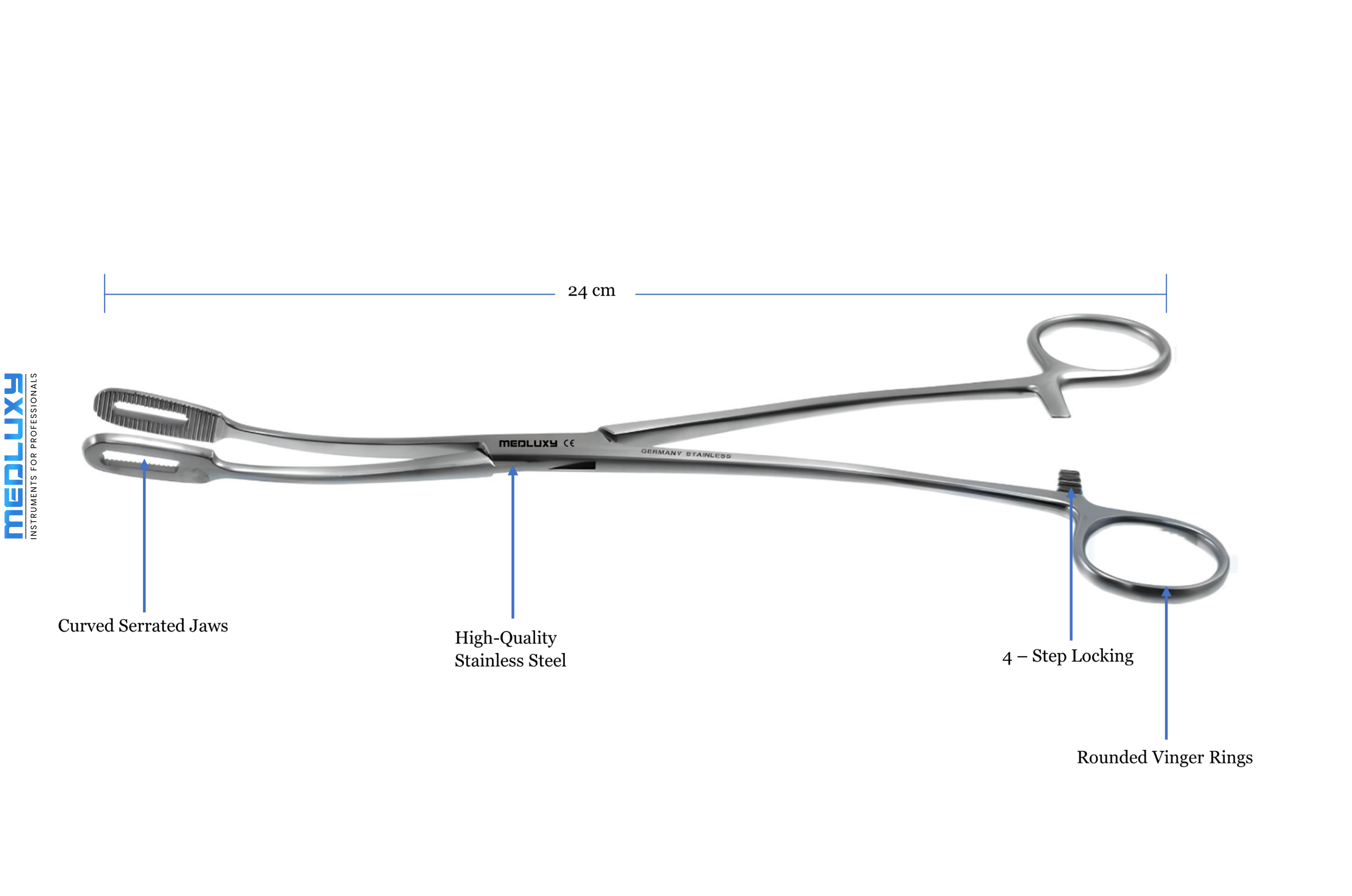 Medluxy - Tampontang Fletcher S-vormig - Gebogen - 24 cm - M-0587 - Verpleegkunde EHBO Sponge Forceps